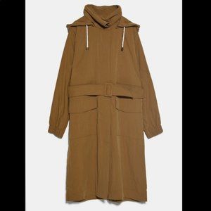Zara Hooded Trench Coat With Belt Camel (Size M)